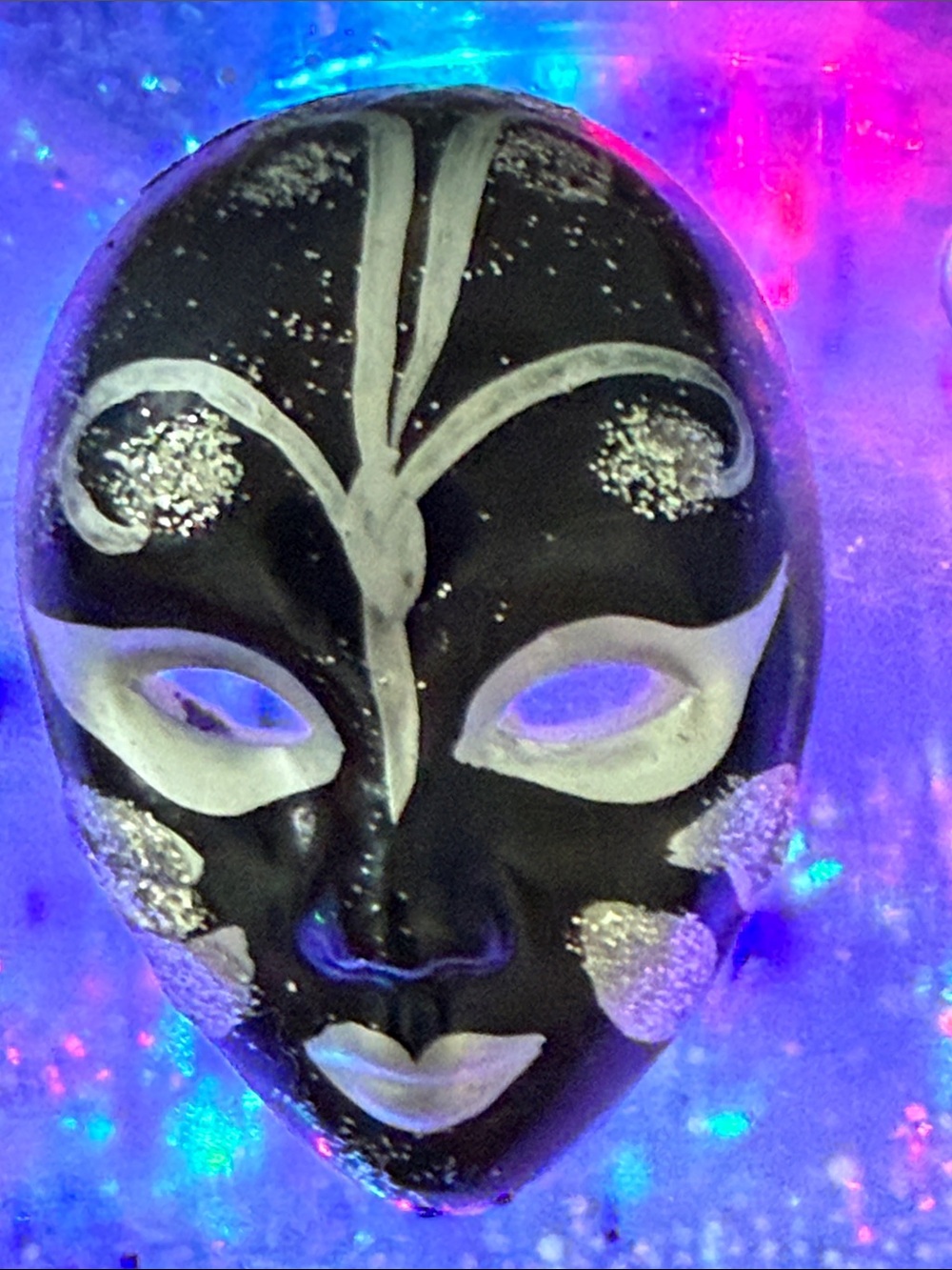 Vintage Black and Silver Decorative Mini Mask Brooch.